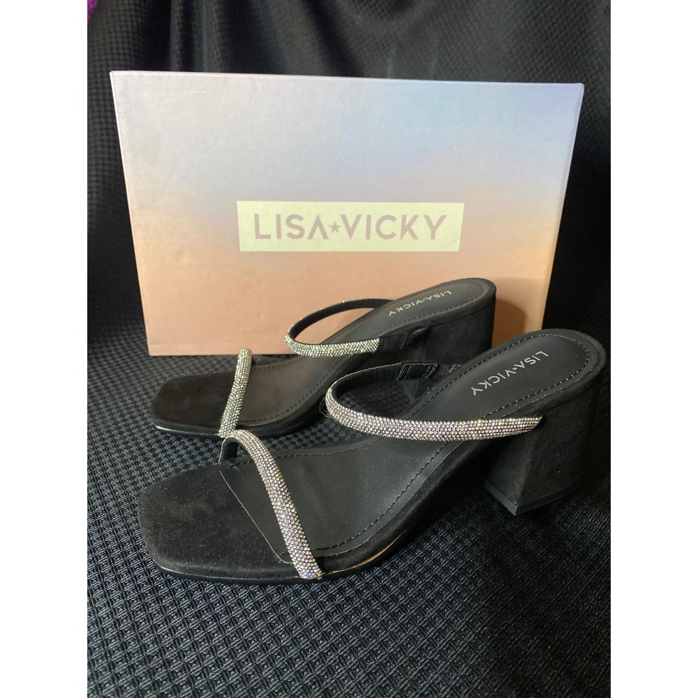Lisa Vicky Mood-V Black Hotfix Rhinestone Block Heel Sandals Women 6 M New